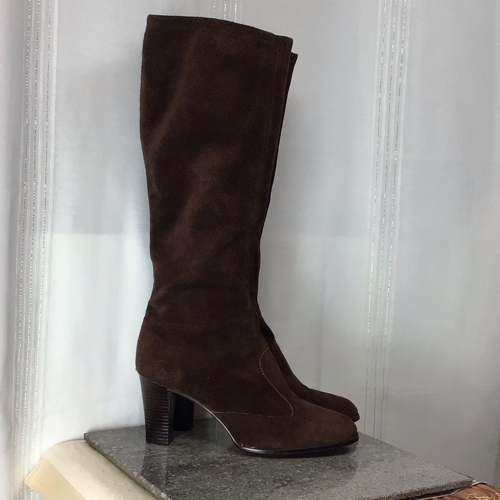 VTG Deerskin Trading Post Dark Brown Suede Zip Up Knee High Heeled Boots Sz.8